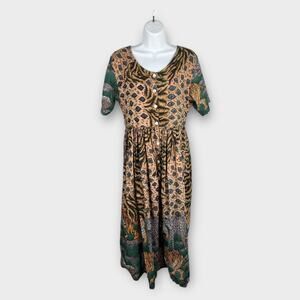 Vintage Cotton Button Front Short Sleeve Midi Dress Animal Tiger Safari Medium